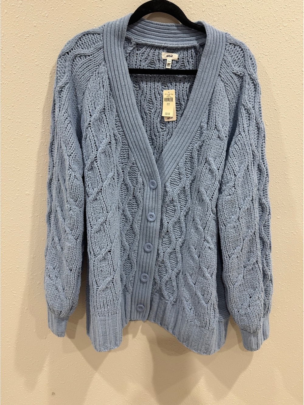 Aerie Oversized Cable Knit Cardigan Blue Chenille Sweater Womenβs M